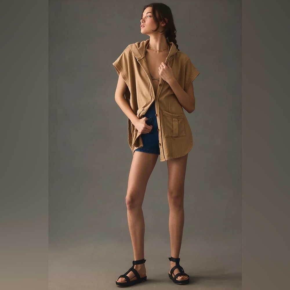 Pilcro Anthropologie Side-Tie Short-Sleeve Button Poncho xs coverup beach Spring